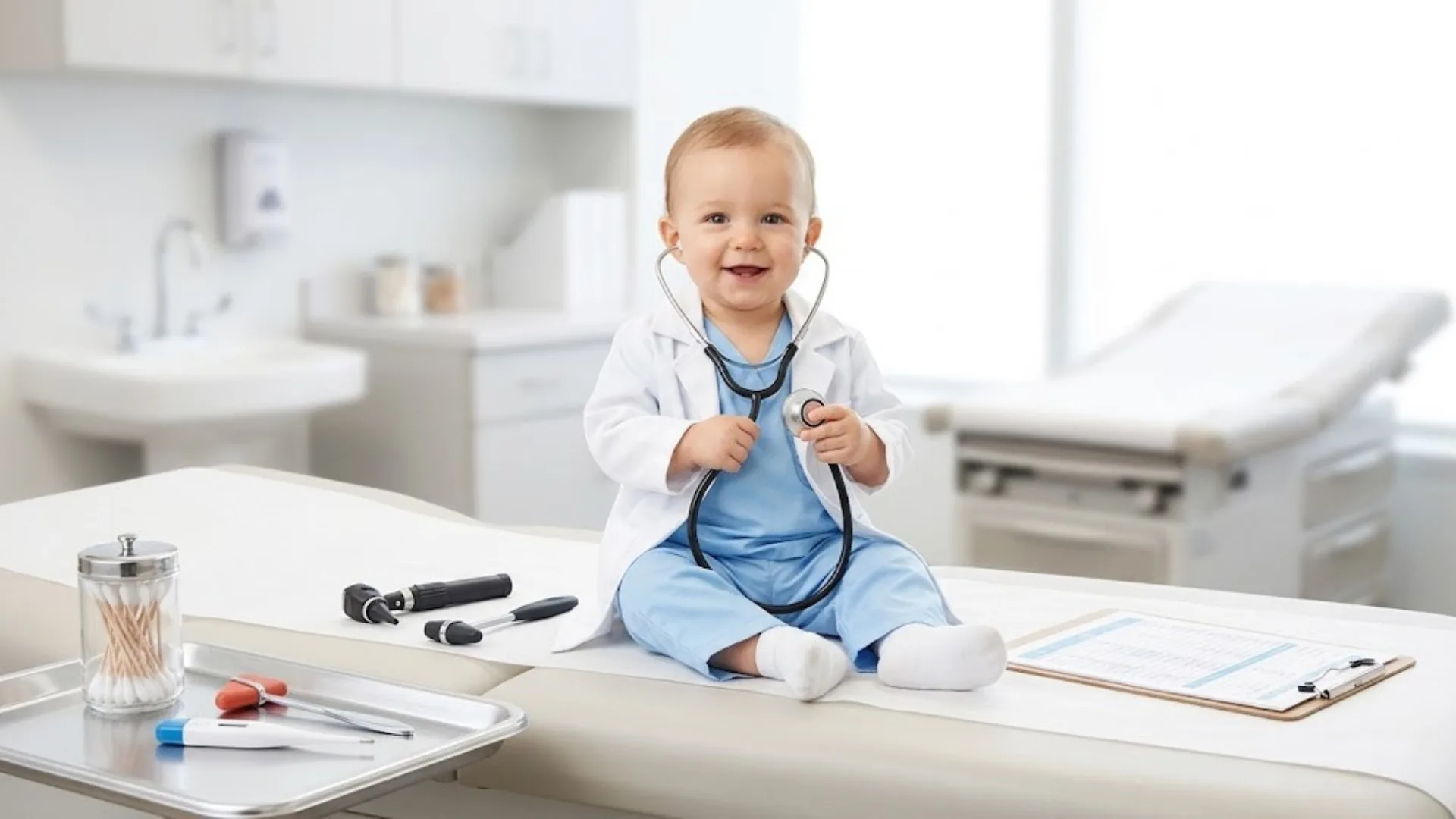 AI-generated baby dressed as a doctor with stethoscope in a clean clinic setup with bright soft lighting